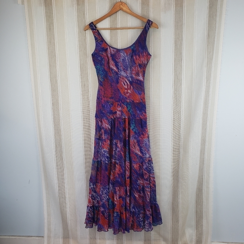 Kasper 90s Tiered Sleeveless‎ Max Dress Watercolor Peacock Purple Size 4 Chiffon